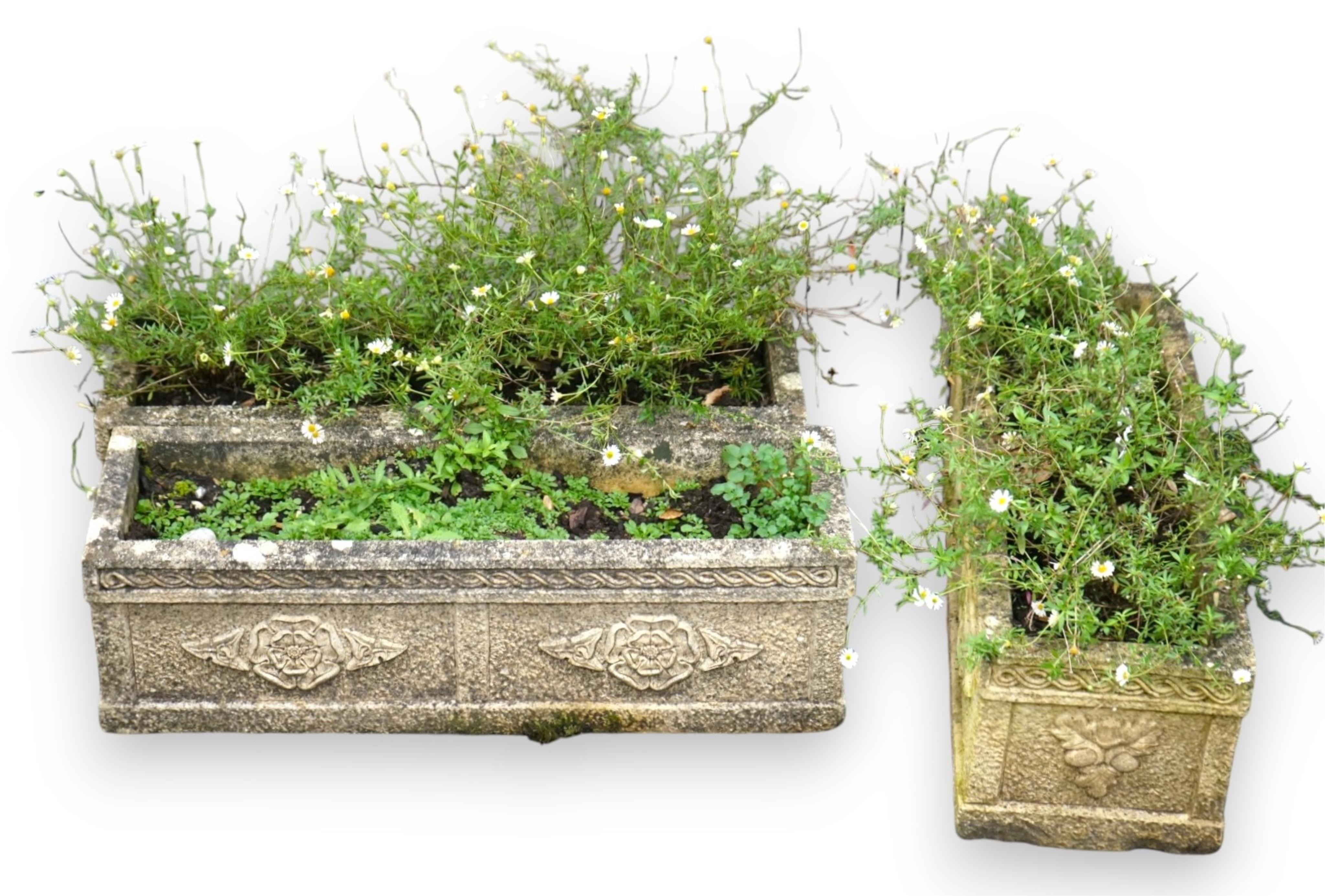 A graduated set of three rectangular reconstituted stone garden planters